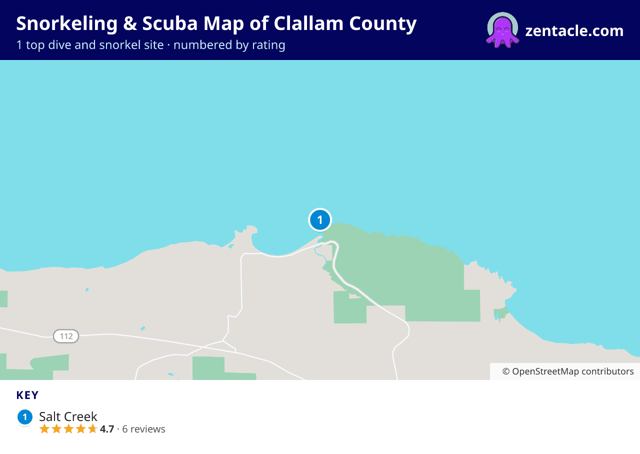 Snorkeling & Scuba Map of Clallam County: numbered map of the top 1 dive and snorkel sites, with ratings
