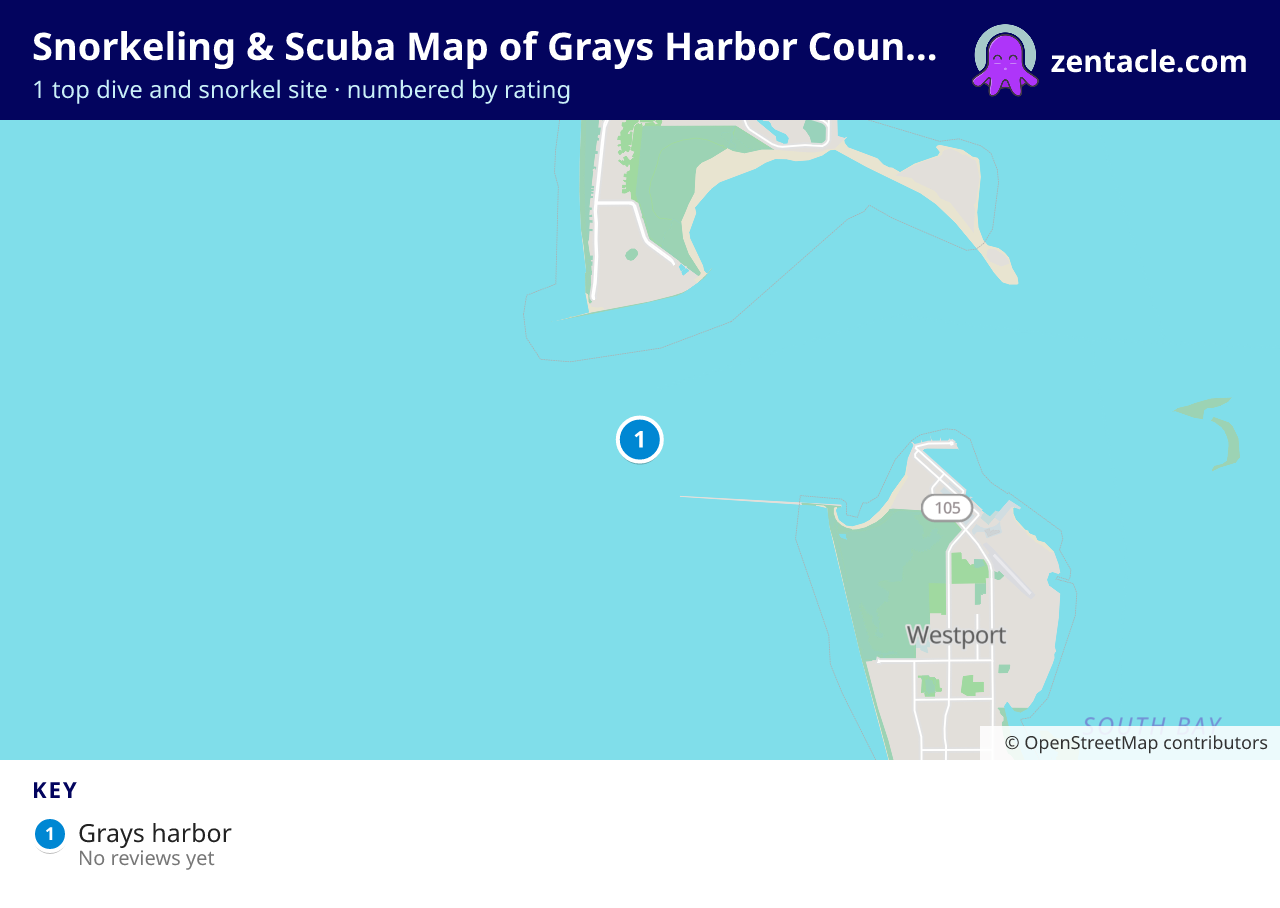 Snorkeling & Scuba Map of Grays Harbor County: numbered map of the top 1 dive and snorkel sites, with ratings