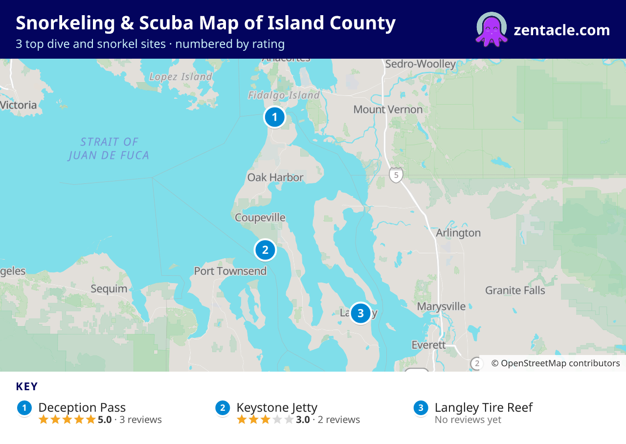 Snorkeling & Scuba Map of Island County: numbered map of the top 3 dive and snorkel sites, with ratings