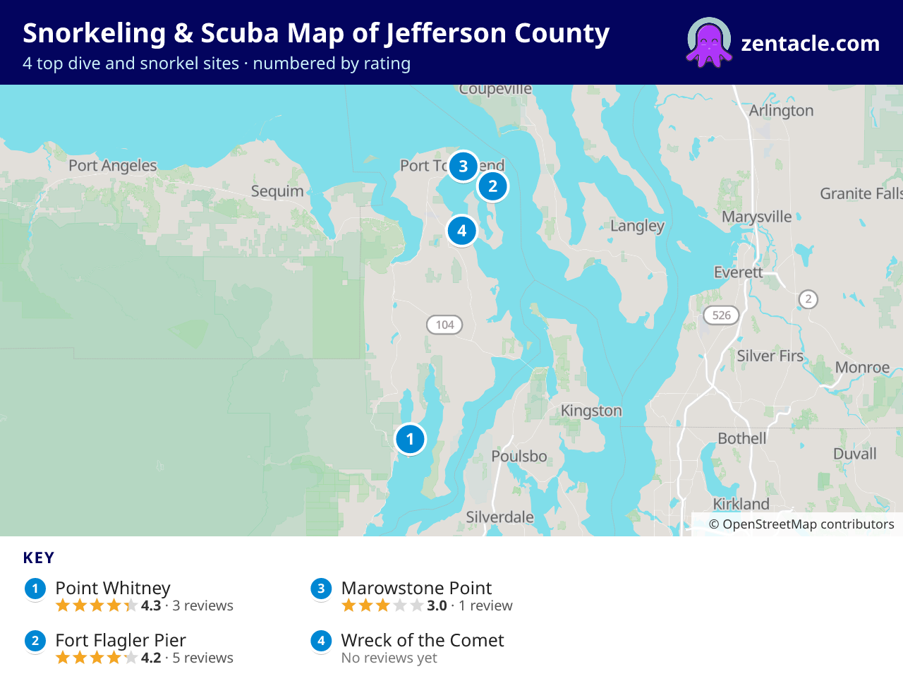 Snorkeling & Scuba Map of Jefferson County: numbered map of the top 4 dive and snorkel sites, with ratings