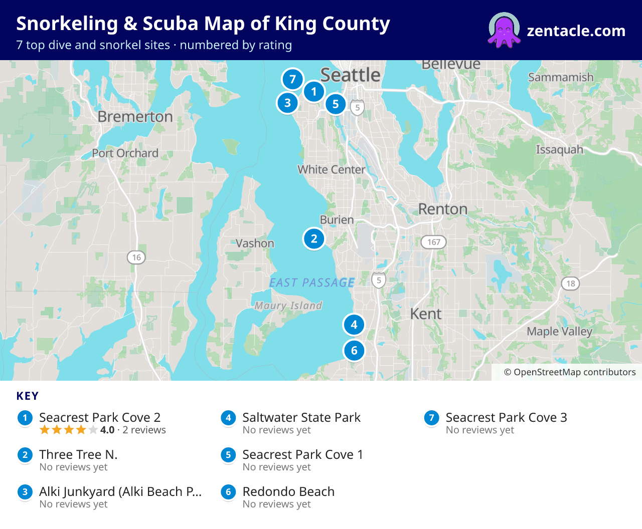 Snorkeling & Scuba Map of King County: numbered map of the top 7 dive and snorkel sites, with ratings