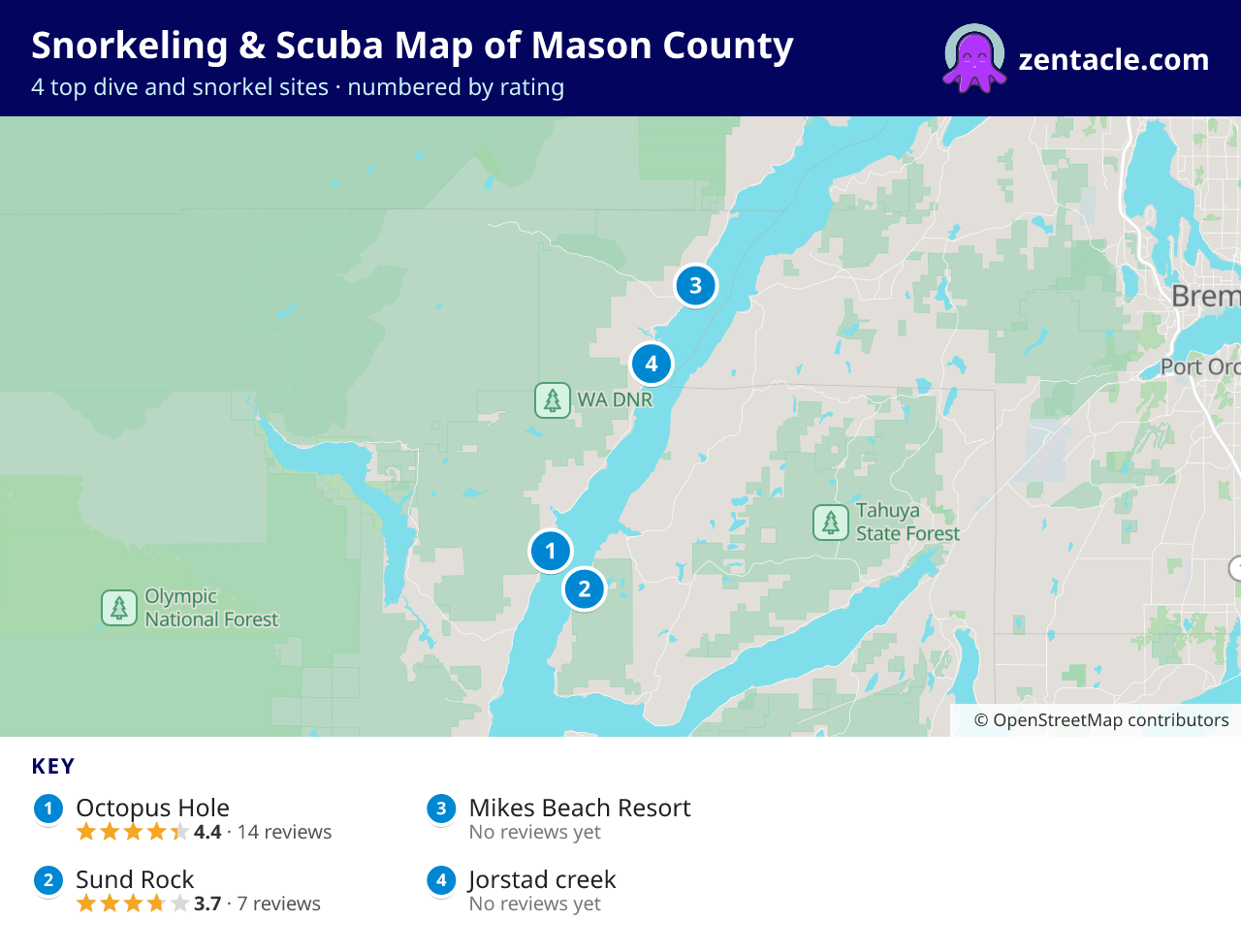 Snorkeling & Scuba Map of Mason County: numbered map of the top 4 dive and snorkel sites, with ratings