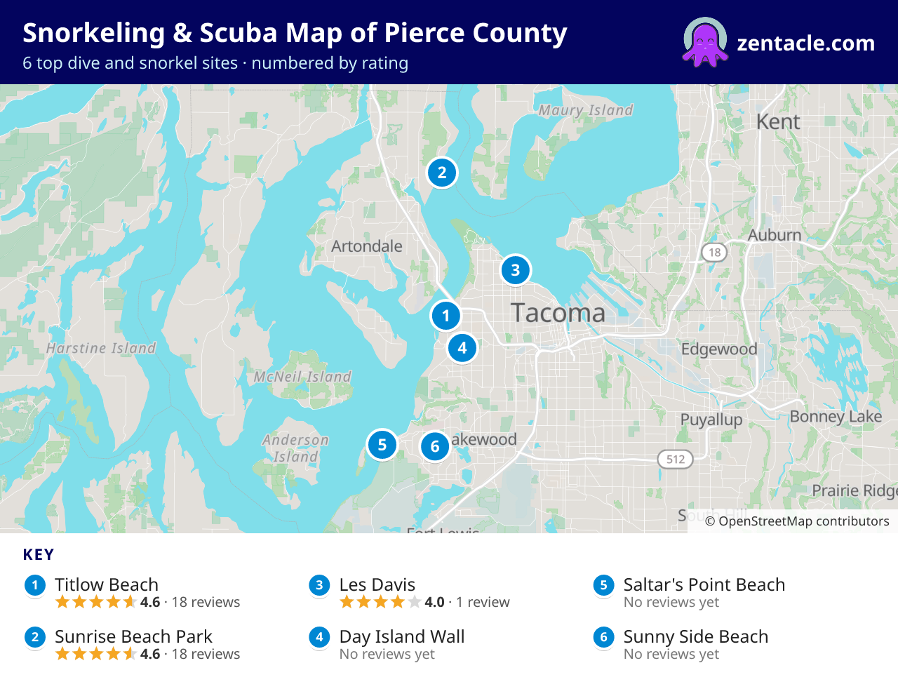 Snorkeling & Scuba Map of Pierce County: numbered map of the top 6 dive and snorkel sites, with ratings