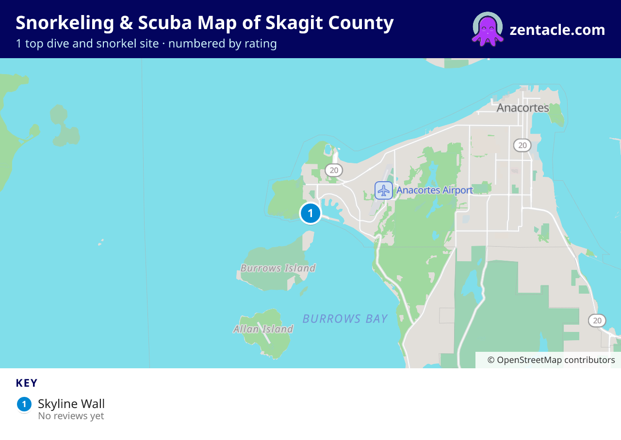 Snorkeling & Scuba Map of Skagit County: numbered map of the top 1 dive and snorkel sites, with ratings
