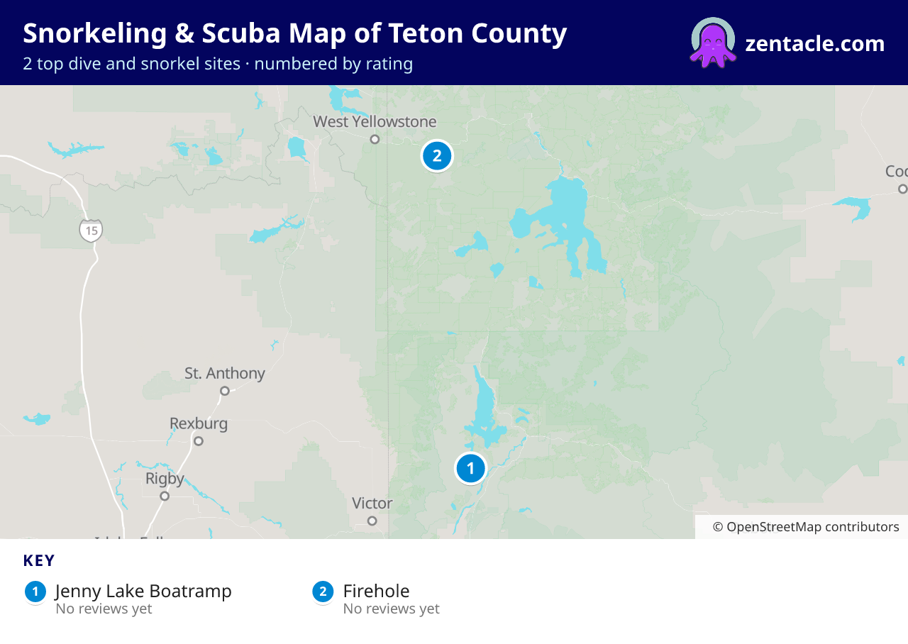 Snorkeling & Scuba Map of Teton County: numbered map of the top 2 dive and snorkel sites, with ratings