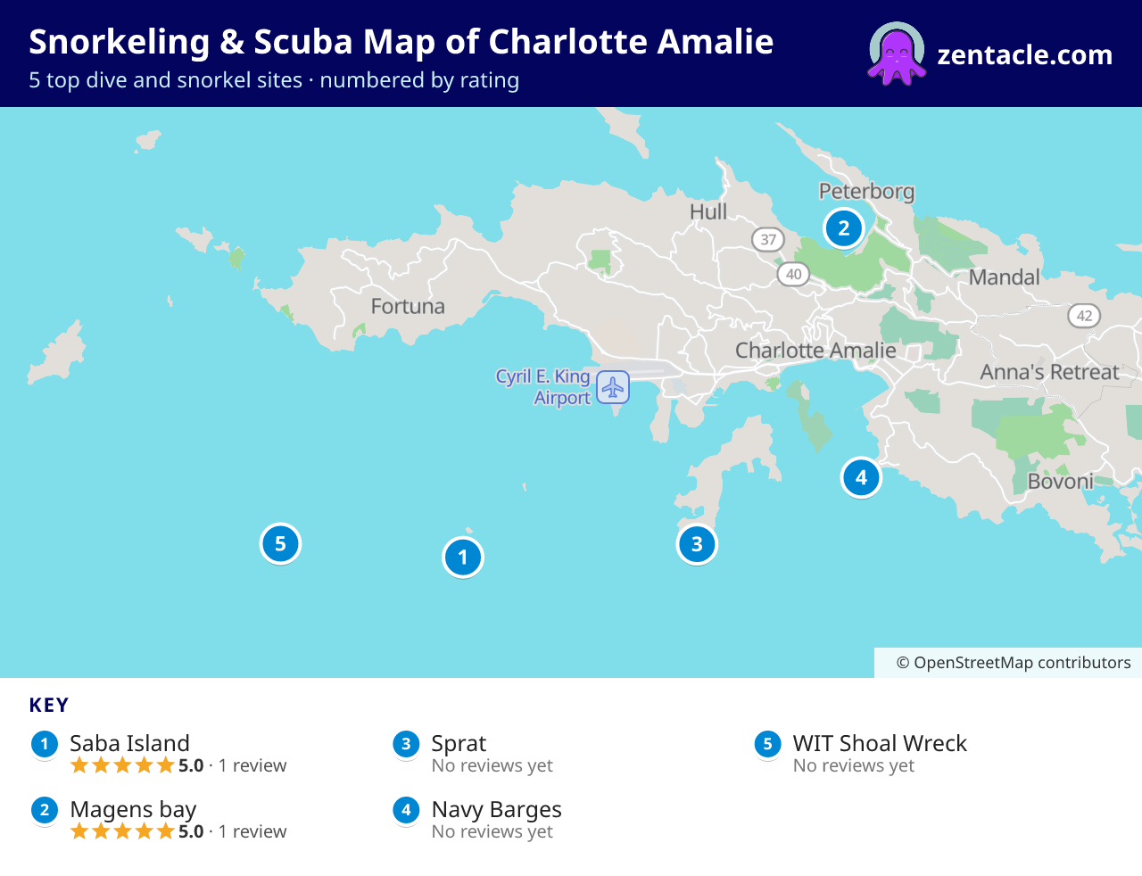 Snorkeling & Scuba Map of Charlotte Amalie: numbered map of the top 5 dive and snorkel sites, with ratings