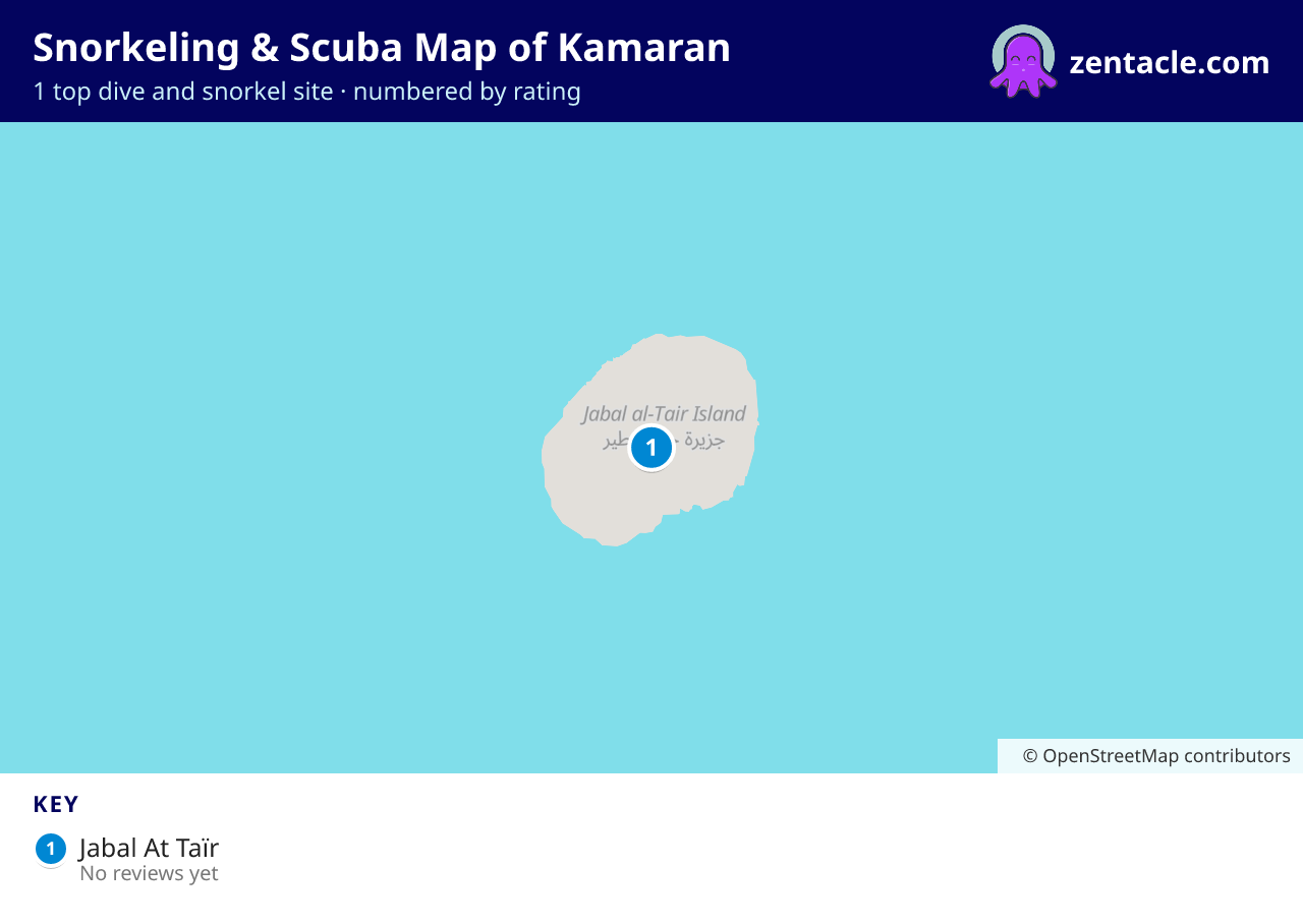 Snorkeling & Scuba Map of Kamaran: numbered map of the top 1 dive and snorkel sites, with ratings