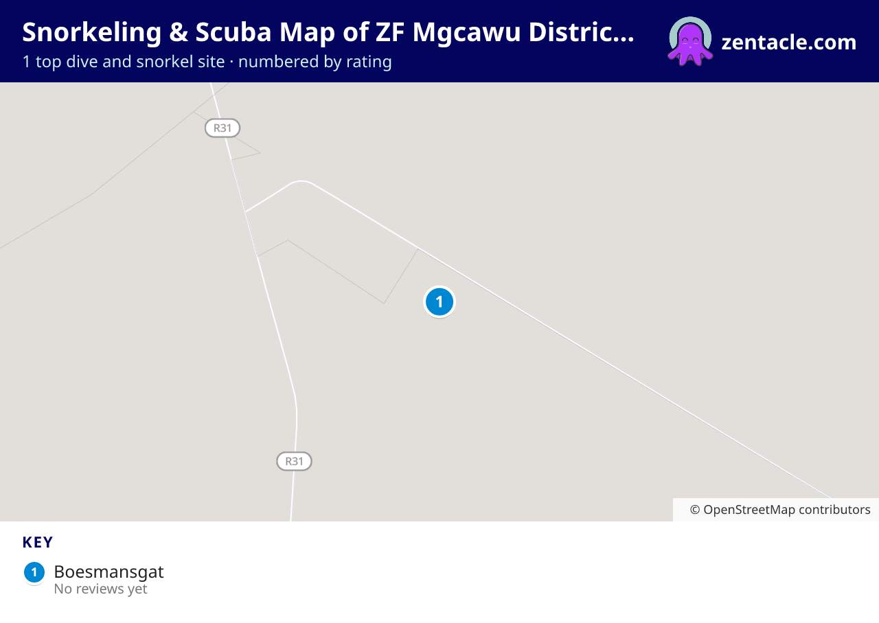 Snorkeling & Scuba Map of ZF Mgcawu District Municipality: numbered map of the top 1 dive and snorkel sites, with ratings