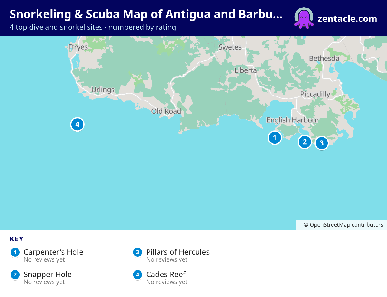 Snorkeling & Scuba Map of Antigua and Barbuda: numbered map of the top 4 dive and snorkel sites, with ratings