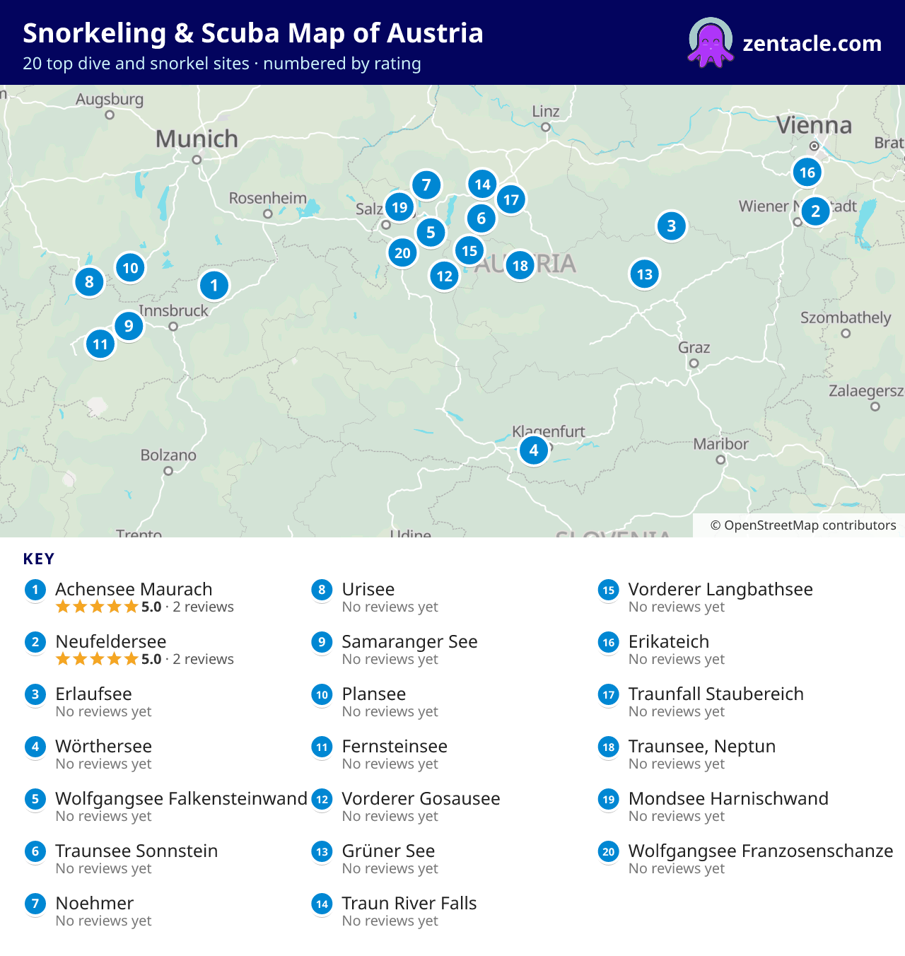 Snorkeling & Scuba Map of Austria: numbered map of the top 20 dive and snorkel sites, with ratings