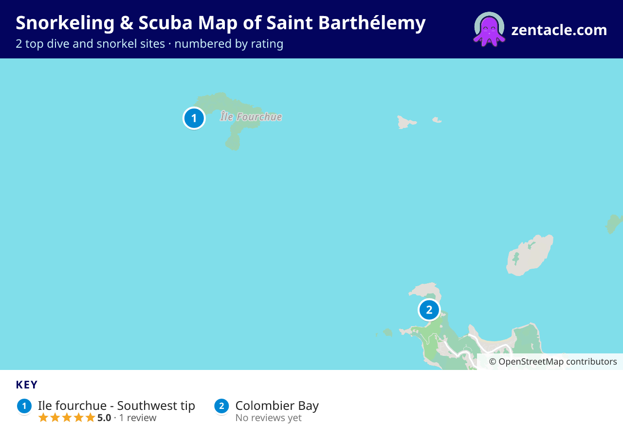 Snorkeling & Scuba Map of Saint Barthélemy: numbered map of the top 2 dive and snorkel sites, with ratings