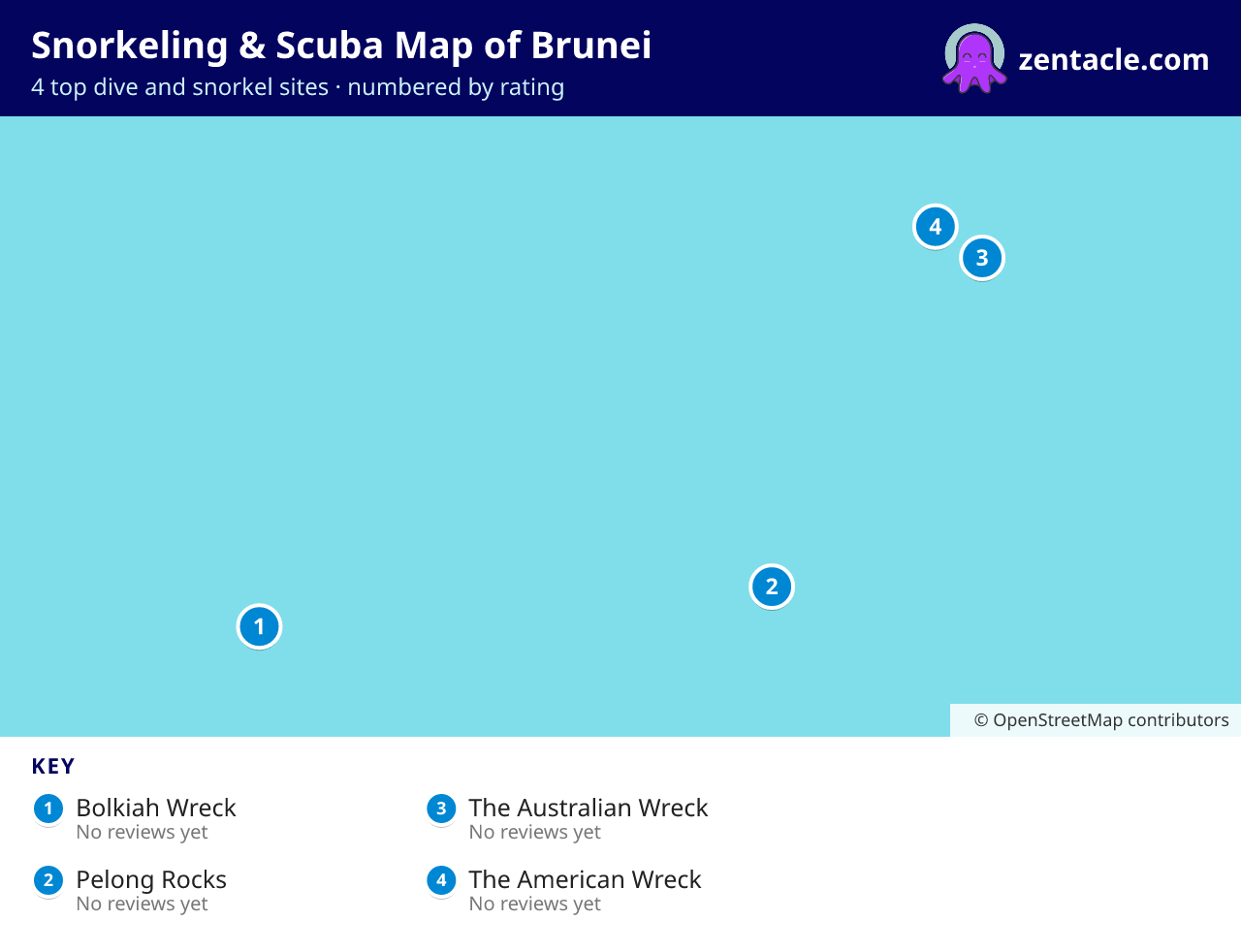 Snorkeling & Scuba Map of Brunei: numbered map of the top 4 dive and snorkel sites, with ratings