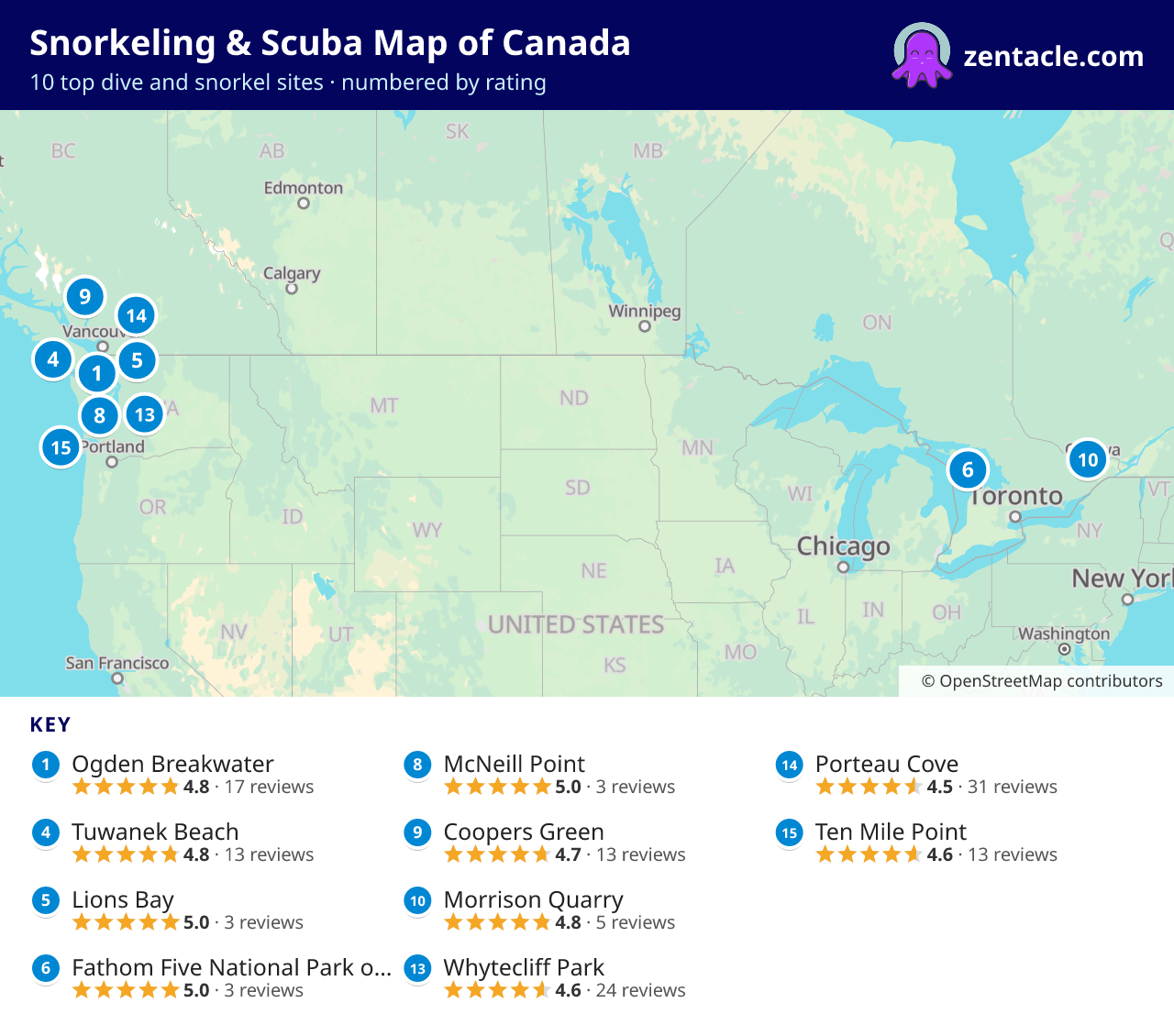 Snorkeling & Scuba Map of Canada: numbered map of the top 10 dive and snorkel sites, with ratings