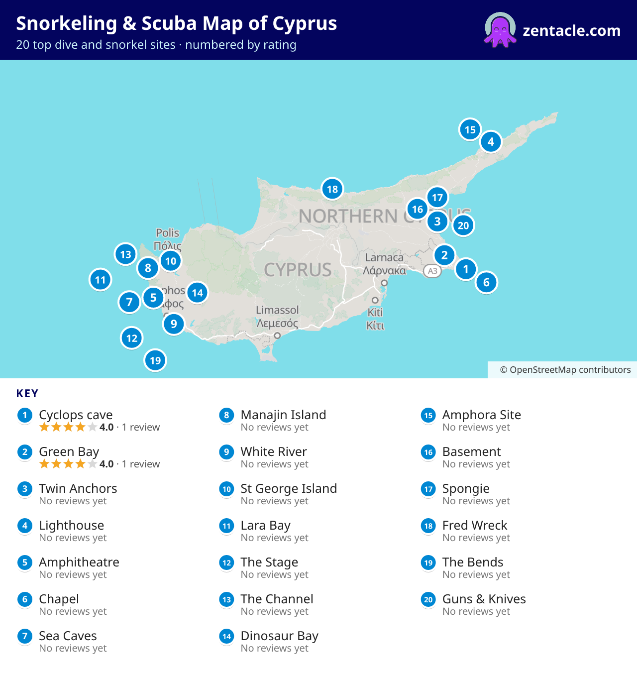Snorkeling & Scuba Map of Cyprus: numbered map of the top 20 dive and snorkel sites, with ratings