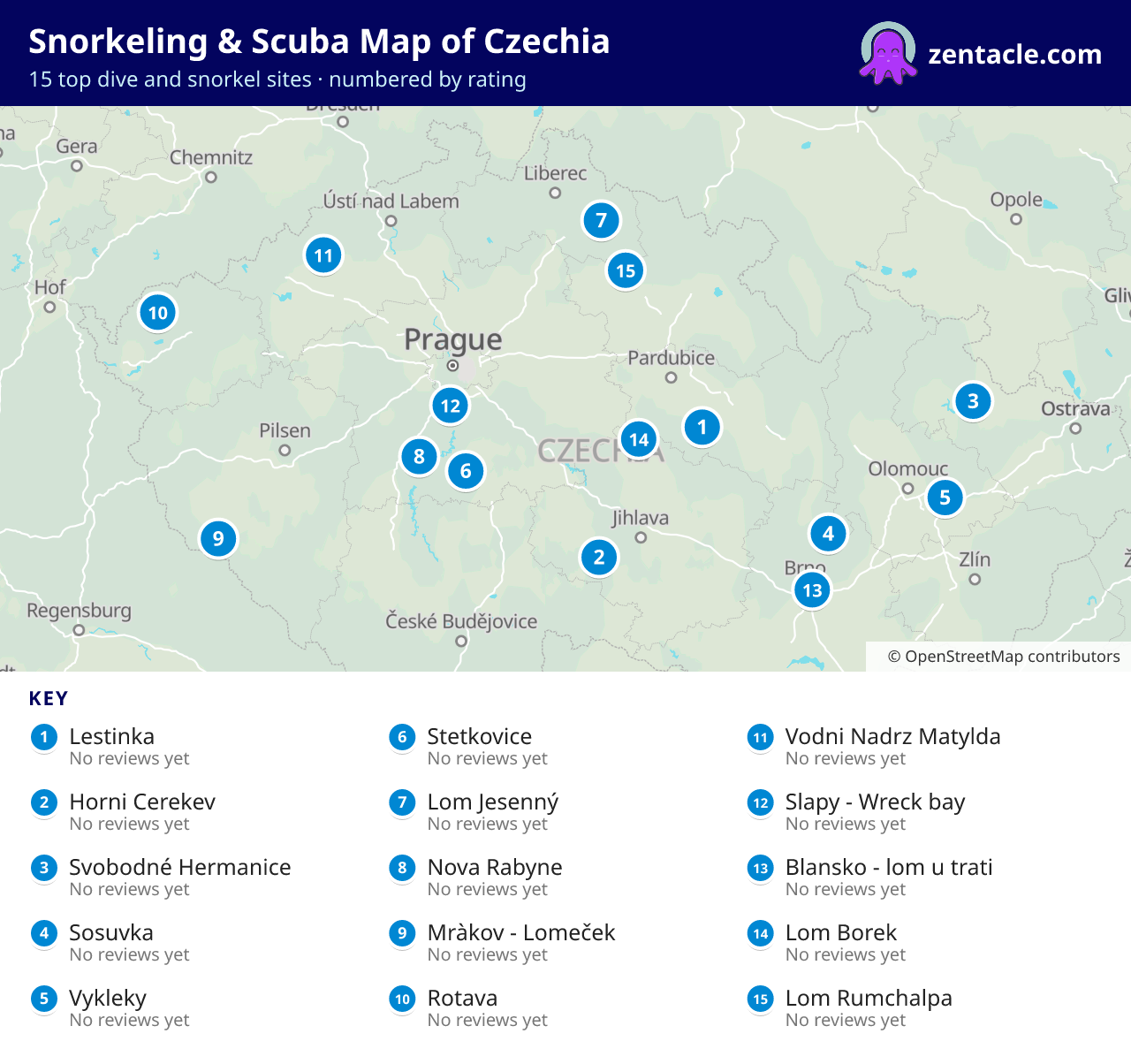 Snorkeling & Scuba Map of Czechia: numbered map of the top 15 dive and snorkel sites, with ratings