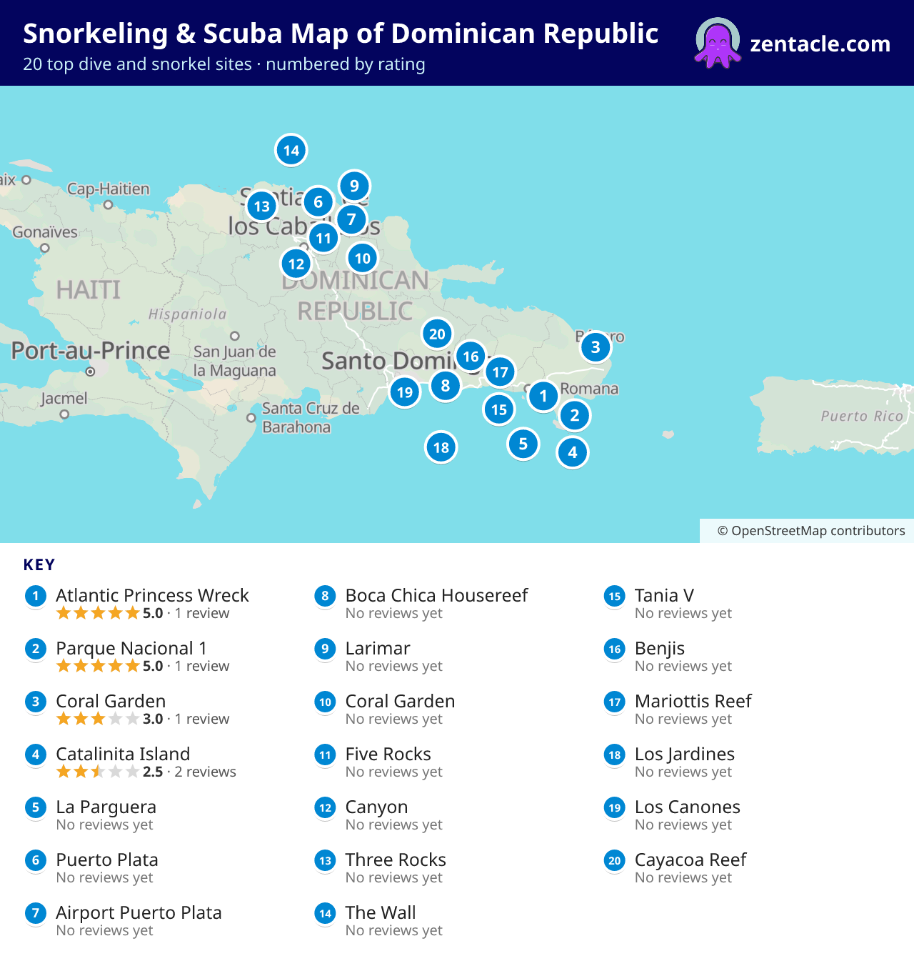 Snorkeling & Scuba Map of Dominican Republic: numbered map of the top 20 dive and snorkel sites, with ratings