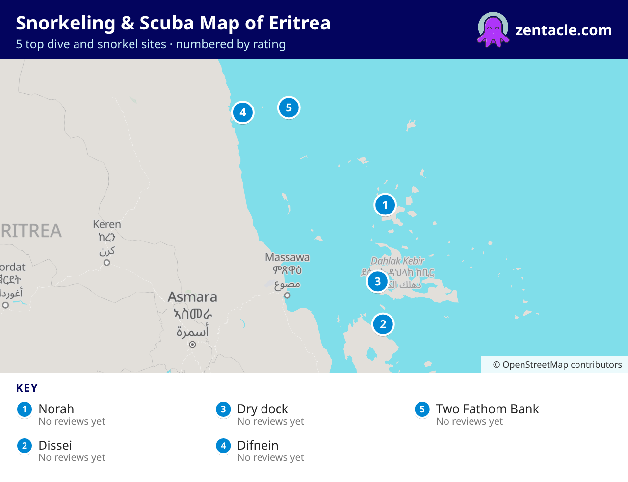 Snorkeling & Scuba Map of Eritrea: numbered map of the top 5 dive and snorkel sites, with ratings