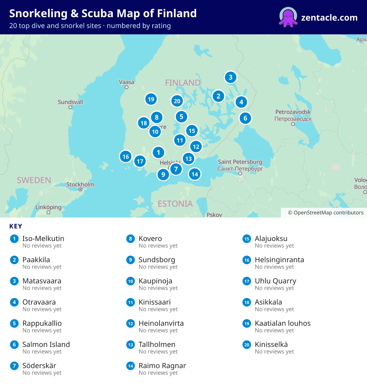 Snorkeling & Scuba Map of Finland: numbered map of the top 20 dive and snorkel sites, with ratings