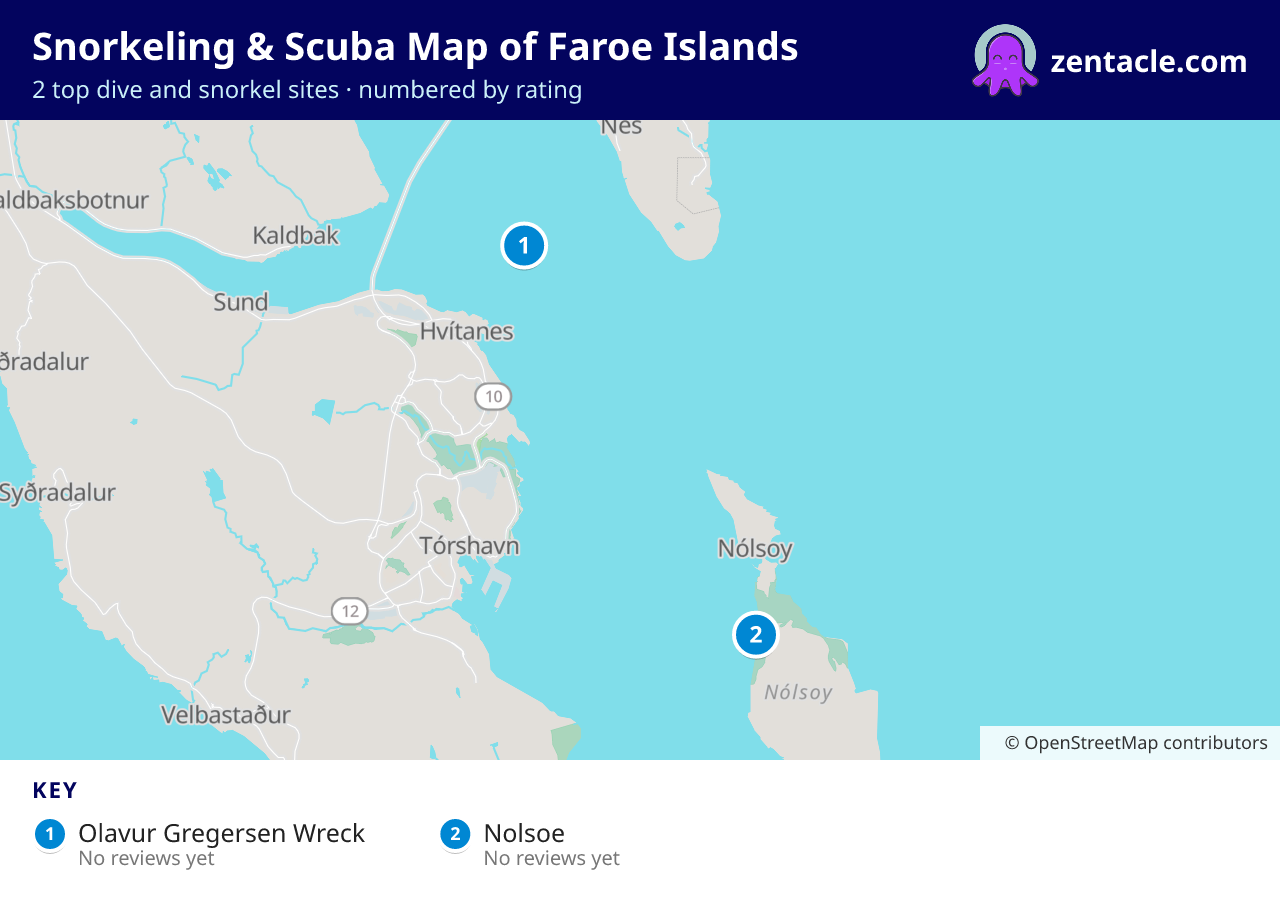 Snorkeling & Scuba Map of Faroe Islands: numbered map of the top 2 dive and snorkel sites, with ratings