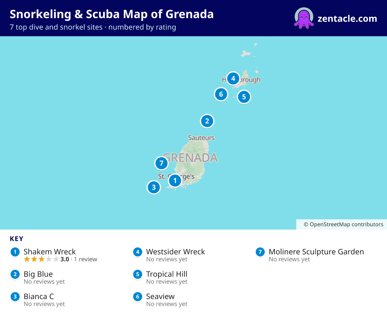 Snorkeling & Scuba Map of Grenada: numbered map of the top 7 dive and snorkel sites, with ratings