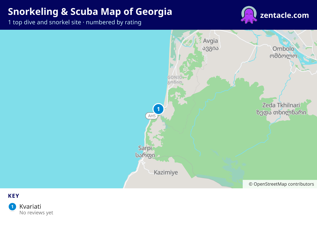 Snorkeling & Scuba Map of Georgia: numbered map of the top 1 dive and snorkel sites, with ratings
