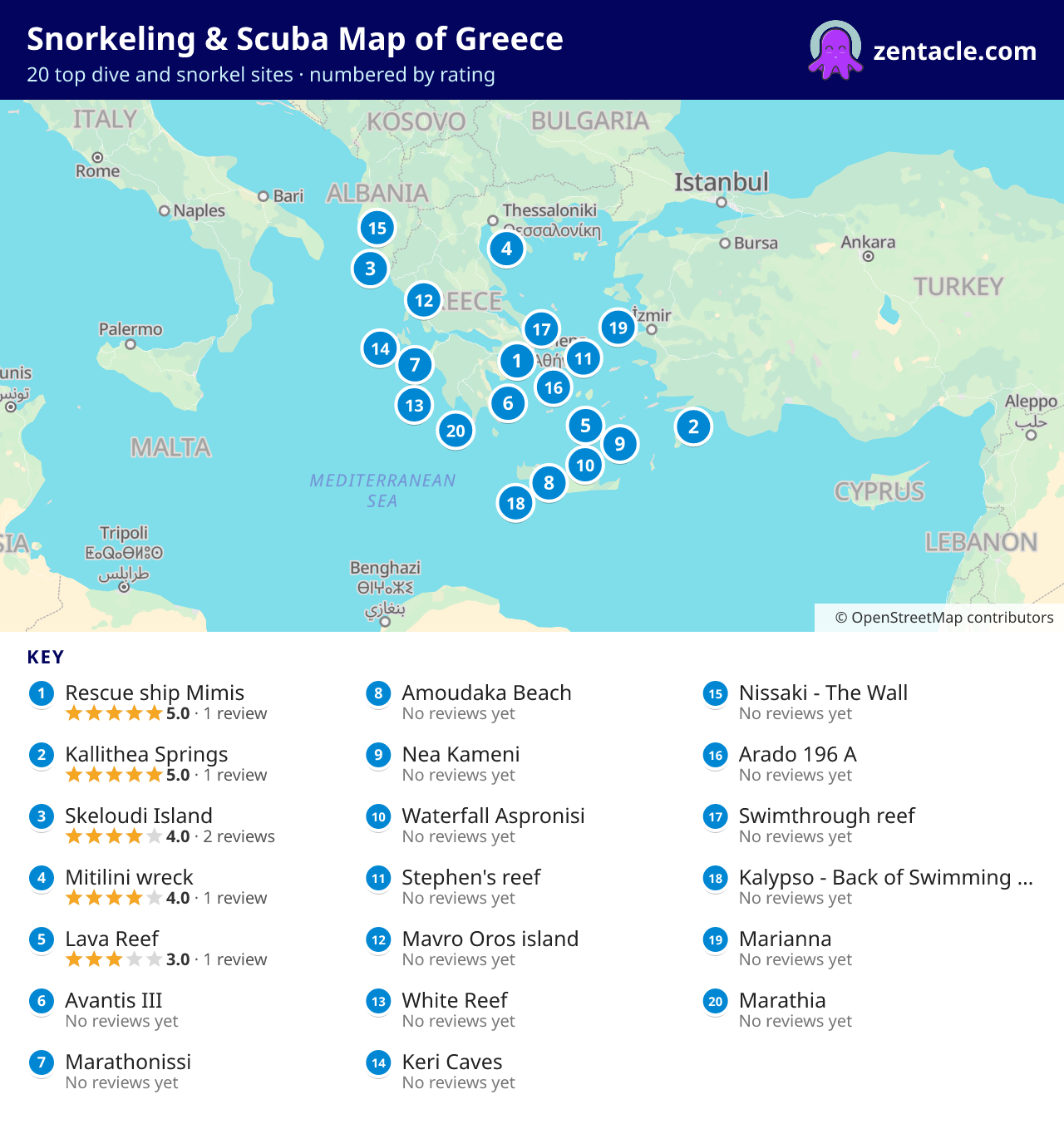 Snorkeling & Scuba Map of Greece: numbered map of the top 20 dive and snorkel sites, with ratings