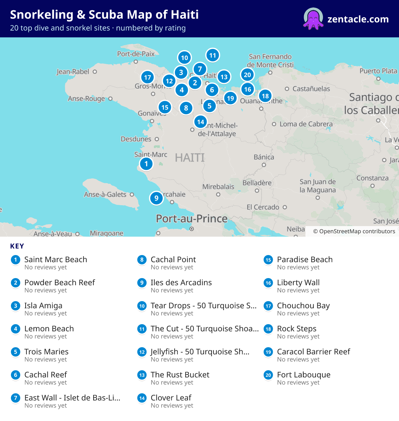 Snorkeling & Scuba Map of Haiti: numbered map of the top 20 dive and snorkel sites, with ratings