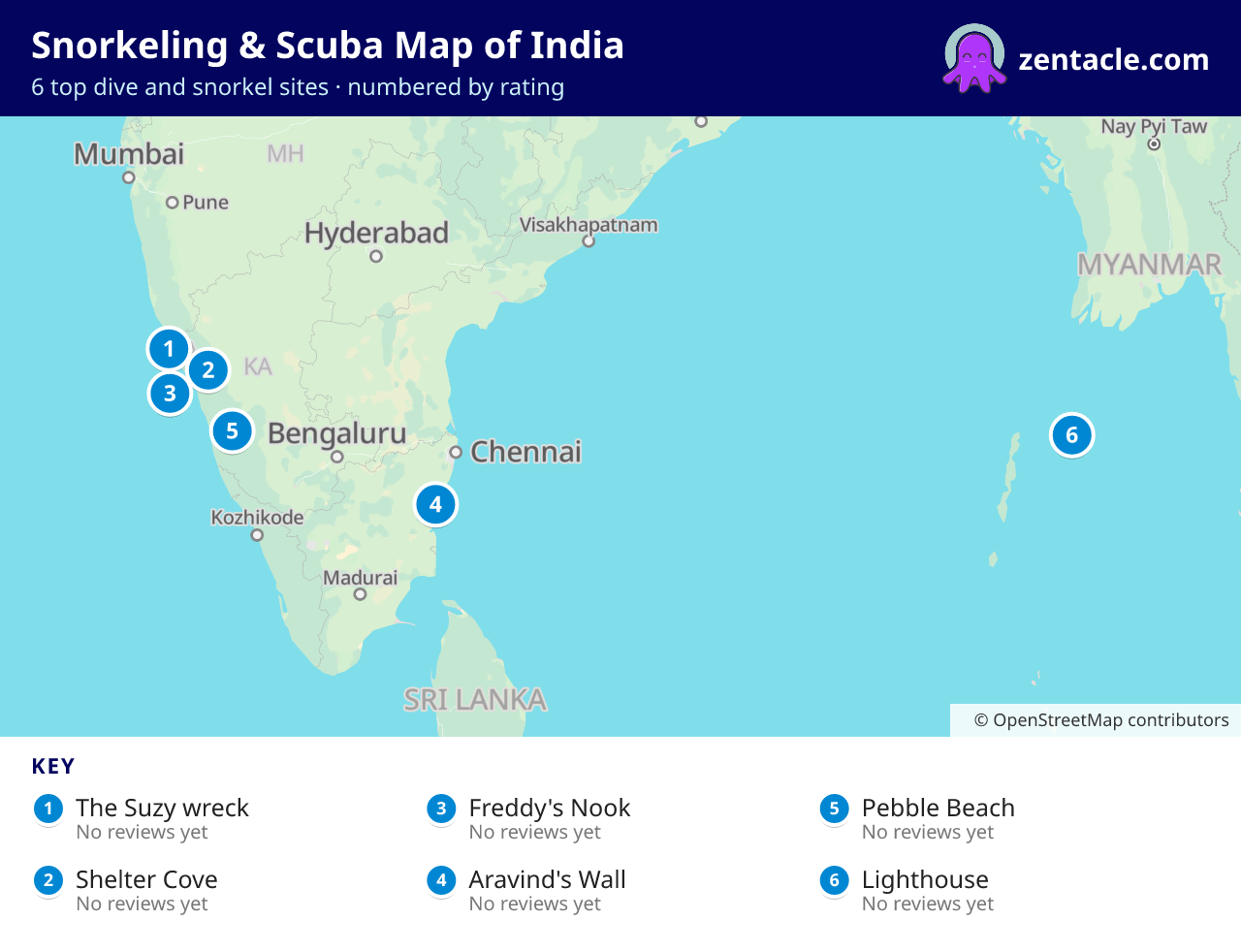 Snorkeling & Scuba Map of India: numbered map of the top 6 dive and snorkel sites, with ratings
