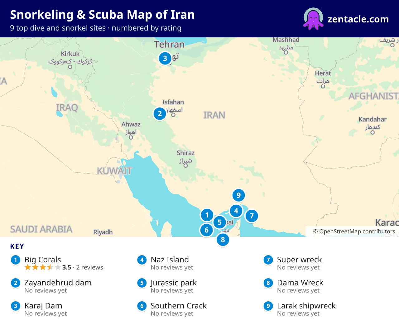 Snorkeling & Scuba Map of Iran: numbered map of the top 9 dive and snorkel sites, with ratings