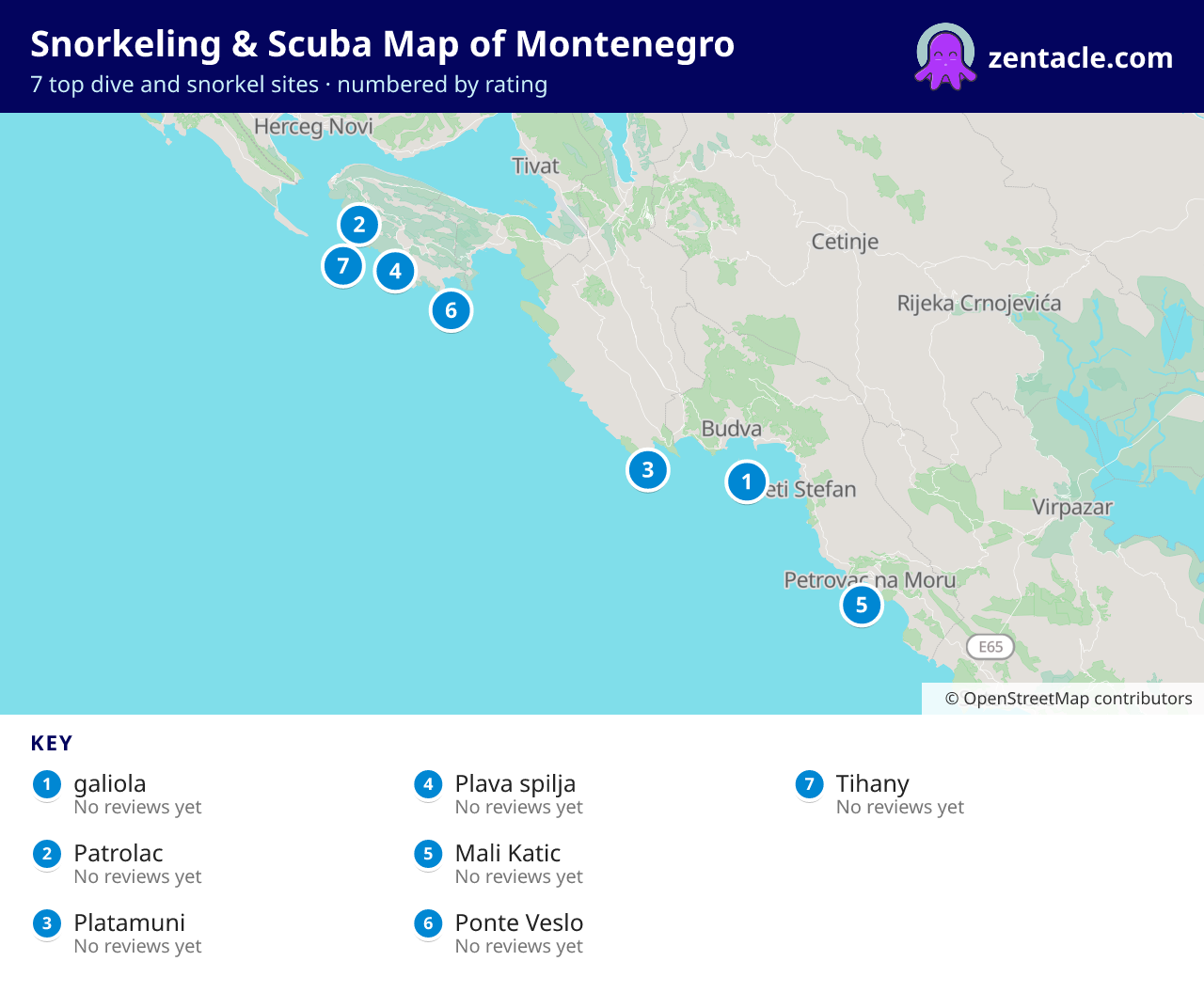 Snorkeling & Scuba Map of Montenegro: numbered map of the top 7 dive and snorkel sites, with ratings