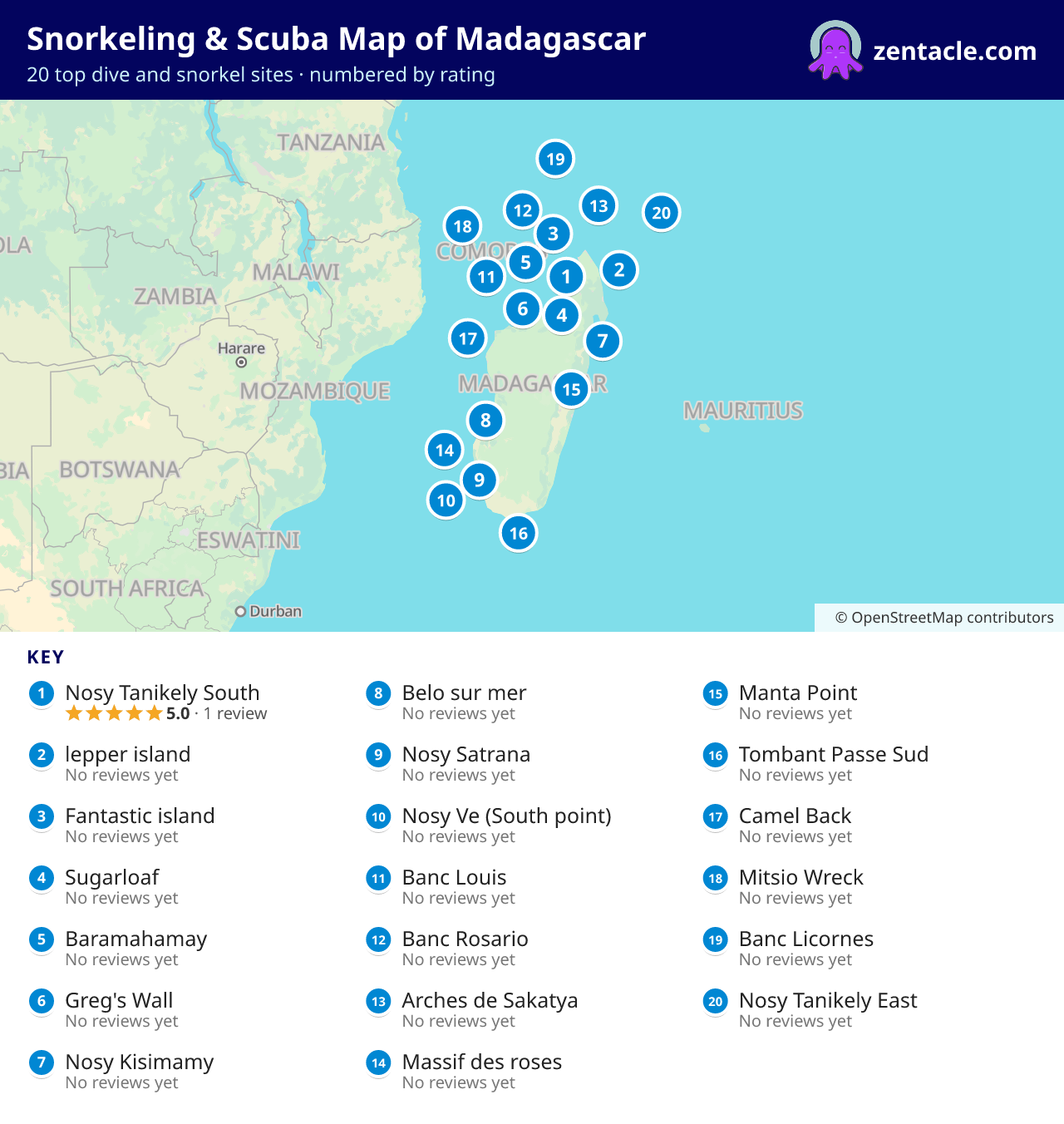 Snorkeling & Scuba Map of Madagascar: numbered map of the top 20 dive and snorkel sites, with ratings