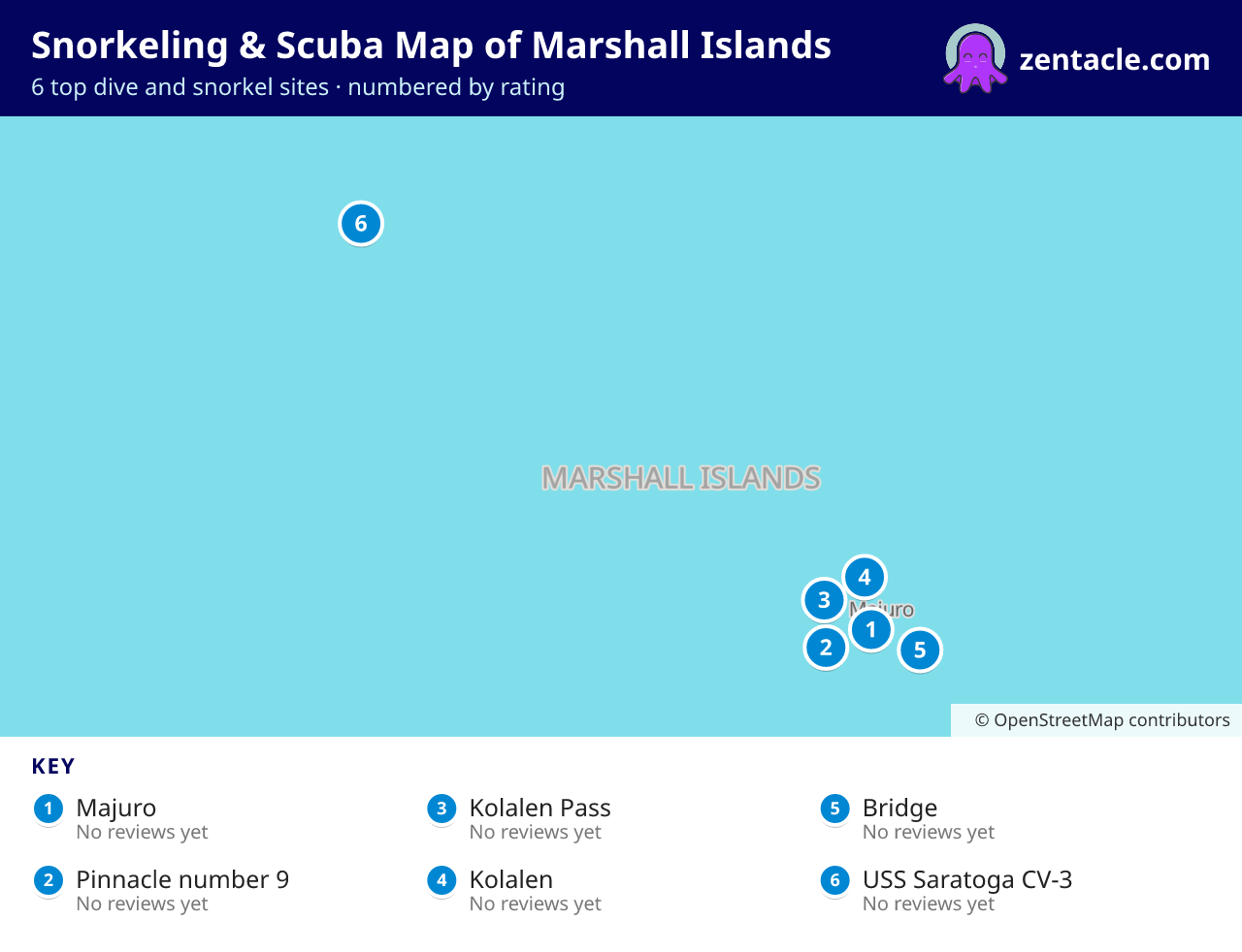 Snorkeling & Scuba Map of Marshall Islands: numbered map of the top 6 dive and snorkel sites, with ratings