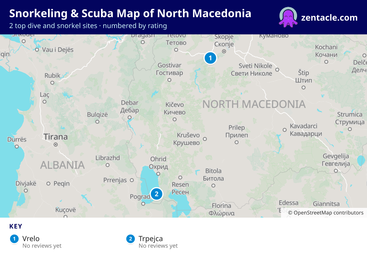 Snorkeling & Scuba Map of North Macedonia: numbered map of the top 2 dive and snorkel sites, with ratings