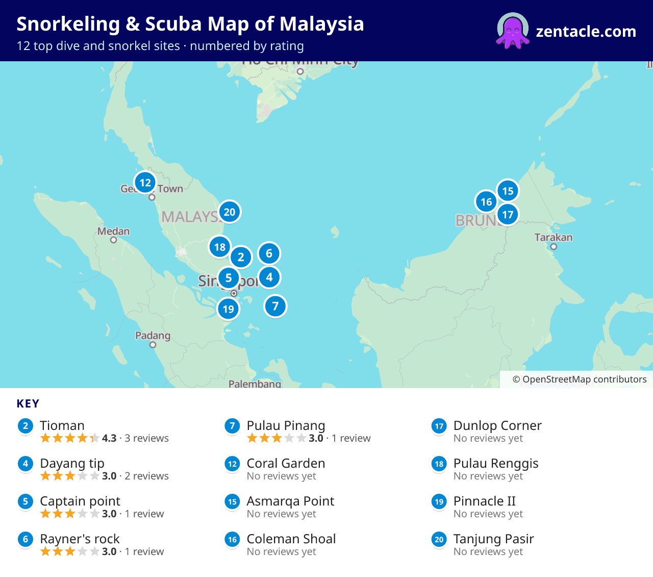 Snorkeling & Scuba Map of Malaysia: numbered map of the top 12 dive and snorkel sites, with ratings