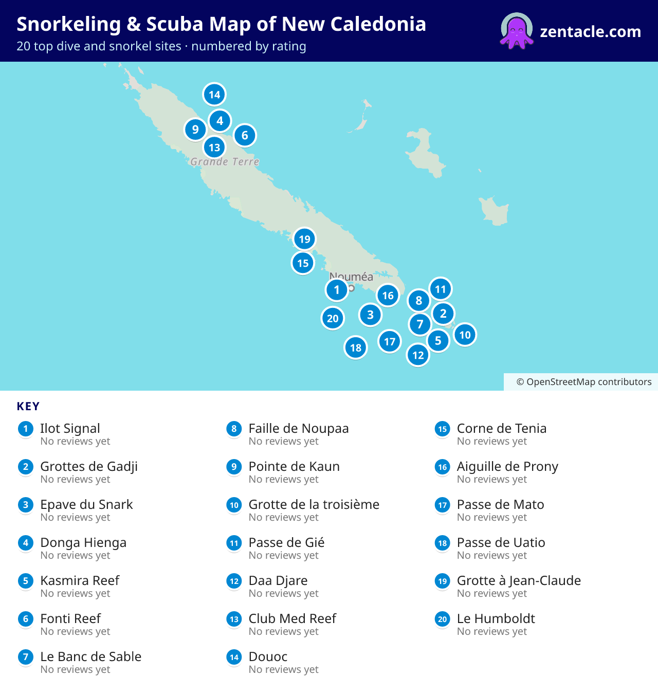 Snorkeling & Scuba Map of New Caledonia: numbered map of the top 20 dive and snorkel sites, with ratings