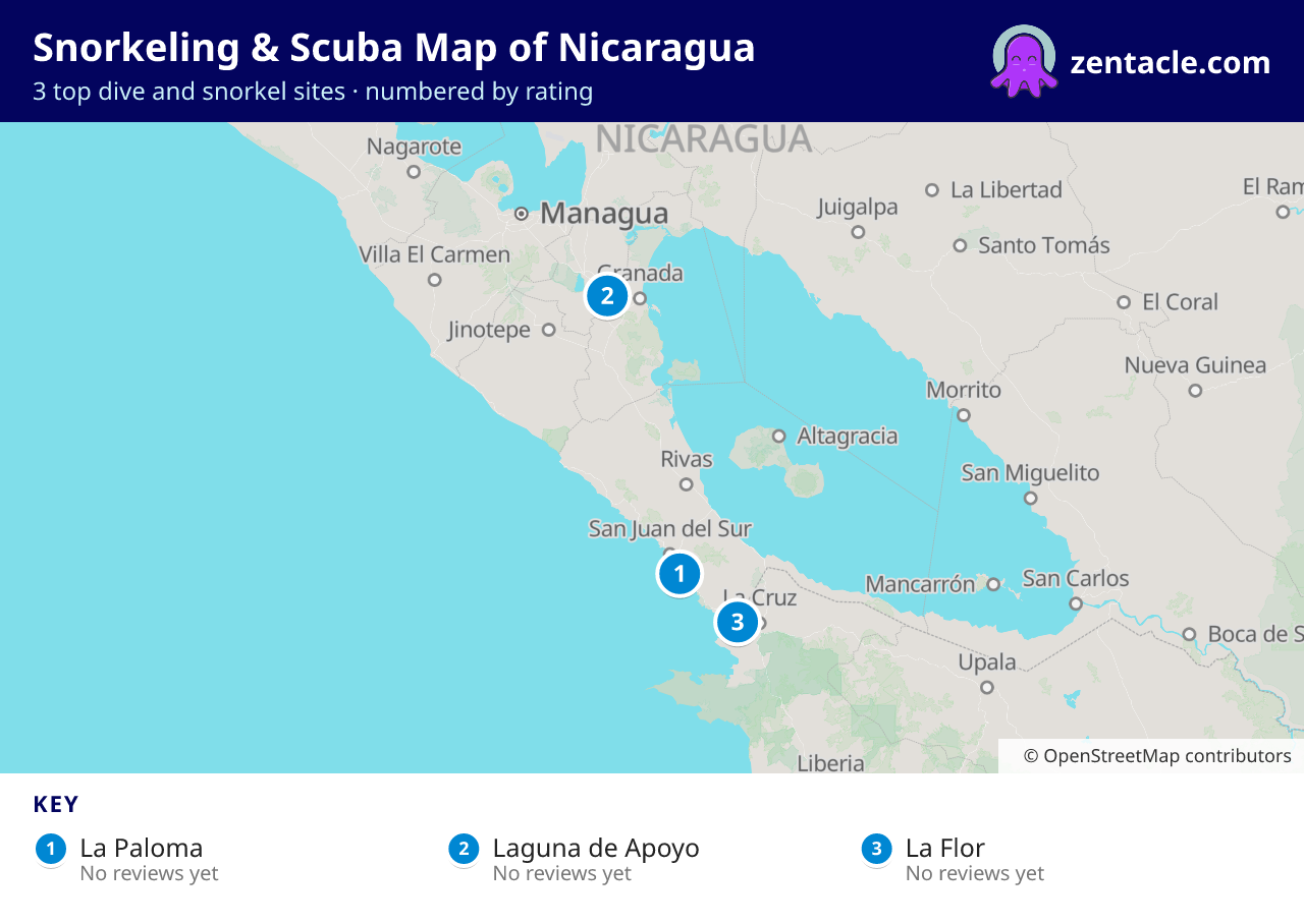 Snorkeling & Scuba Map of Nicaragua: numbered map of the top 3 dive and snorkel sites, with ratings
