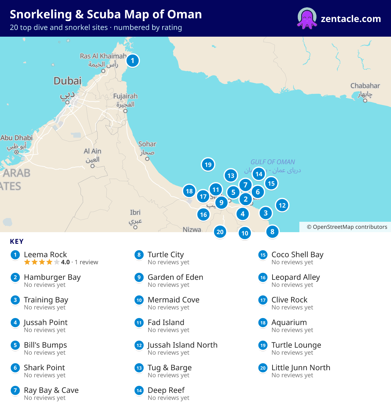 Snorkeling & Scuba Map of Oman: numbered map of the top 20 dive and snorkel sites, with ratings