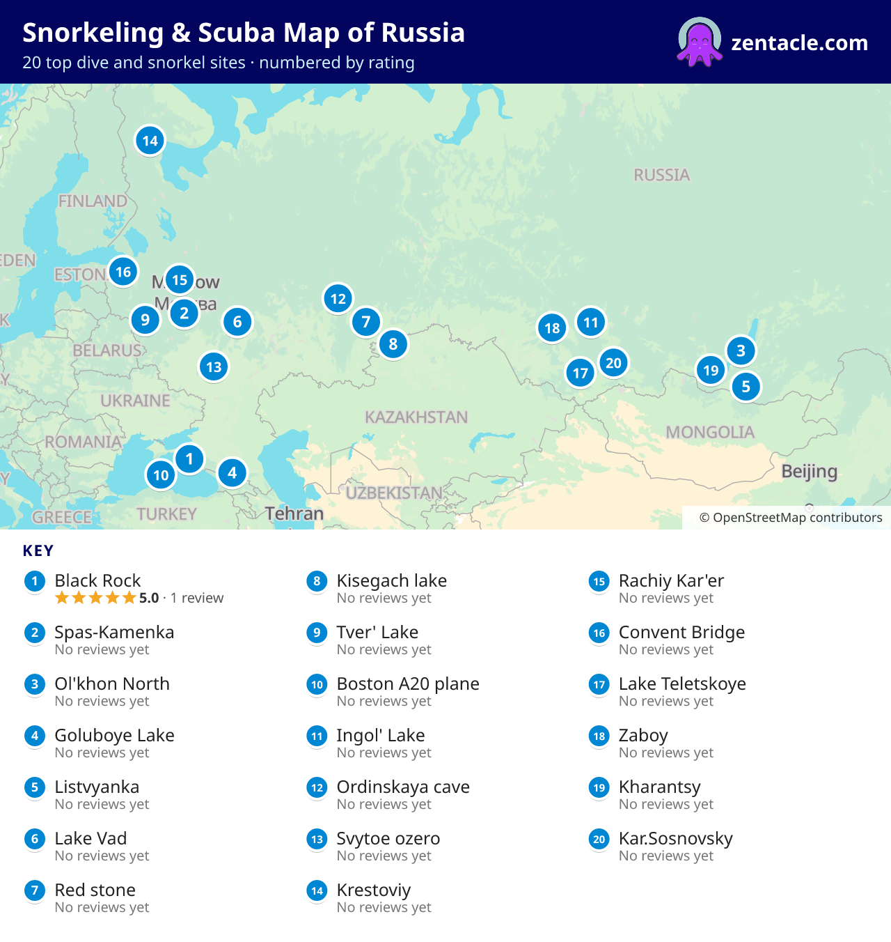 Snorkeling & Scuba Map of Russia: numbered map of the top 20 dive and snorkel sites, with ratings