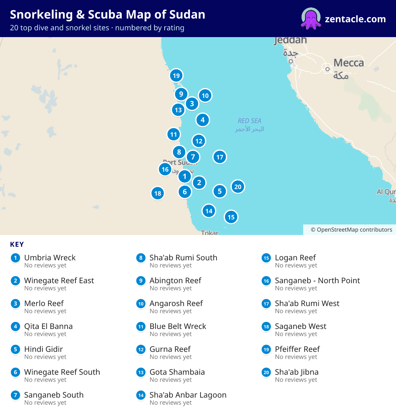Snorkeling & Scuba Map of Sudan: numbered map of the top 20 dive and snorkel sites, with ratings