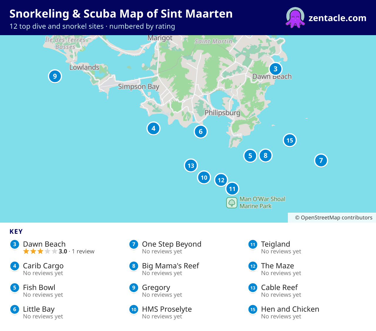 Snorkeling & Scuba Map of Sint Maarten: numbered map of the top 12 dive and snorkel sites, with ratings