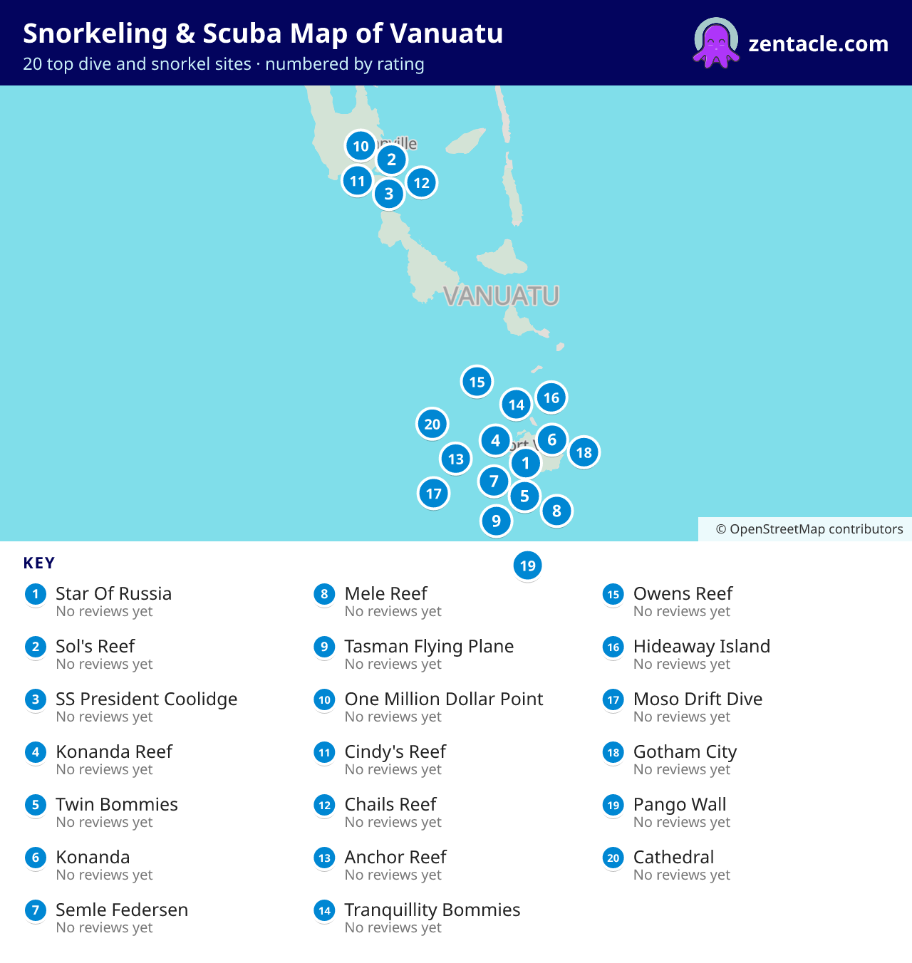 Snorkeling & Scuba Map of Vanuatu: numbered map of the top 20 dive and snorkel sites, with ratings