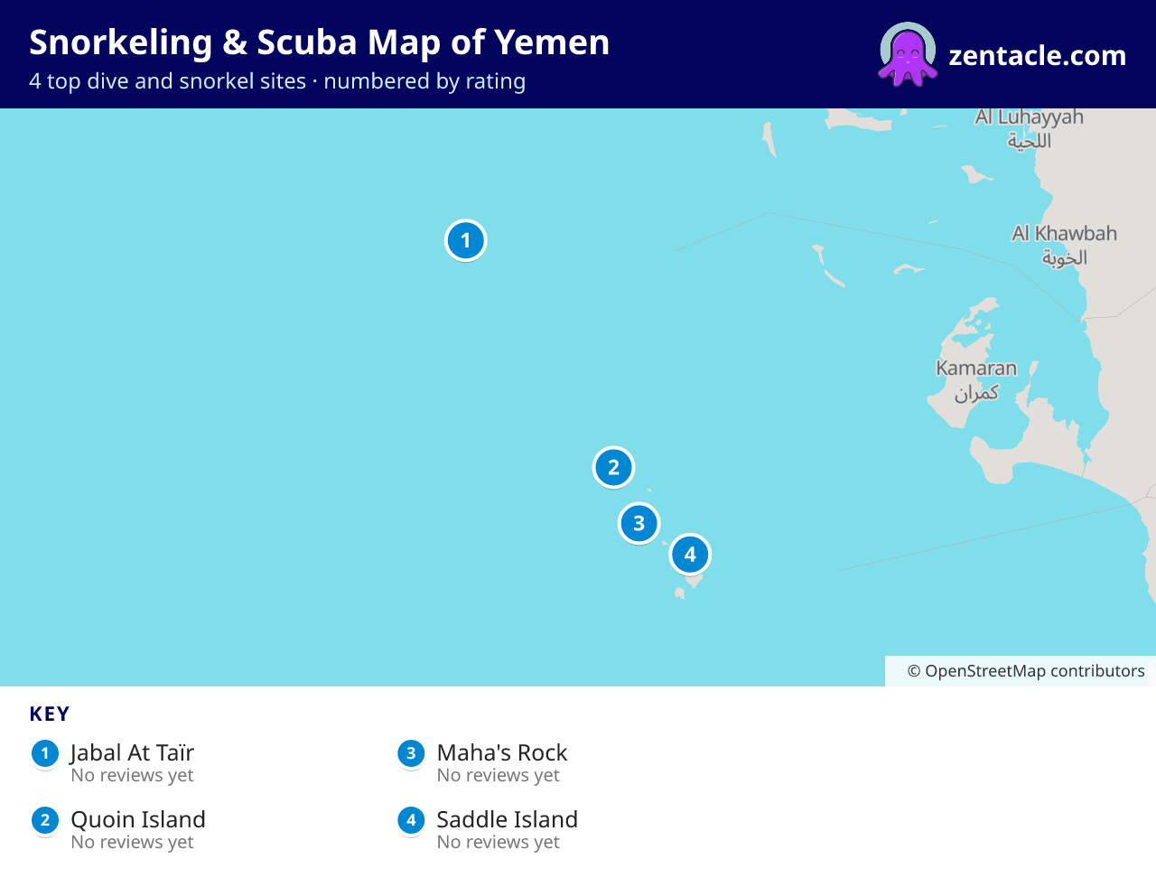 Snorkeling & Scuba Map of Yemen: numbered map of the top 4 dive and snorkel sites, with ratings