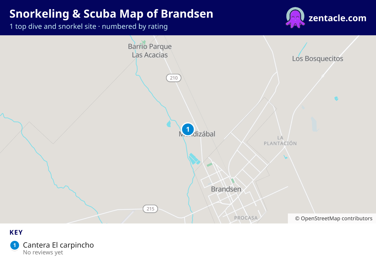 Snorkeling & Scuba Map of Brandsen: numbered map of the top 1 dive and snorkel sites, with ratings