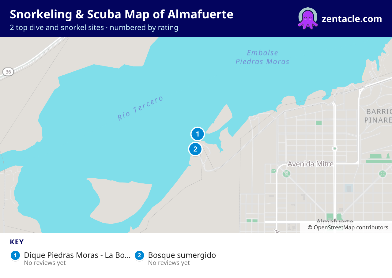 Snorkeling & Scuba Map of Almafuerte: numbered map of the top 2 dive and snorkel sites, with ratings