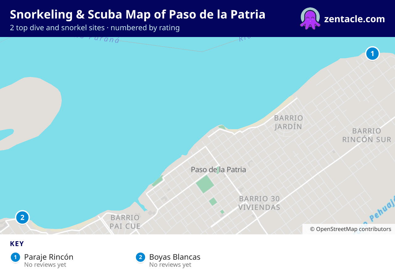 Snorkeling & Scuba Map of Paso de la Patria: numbered map of the top 2 dive and snorkel sites, with ratings