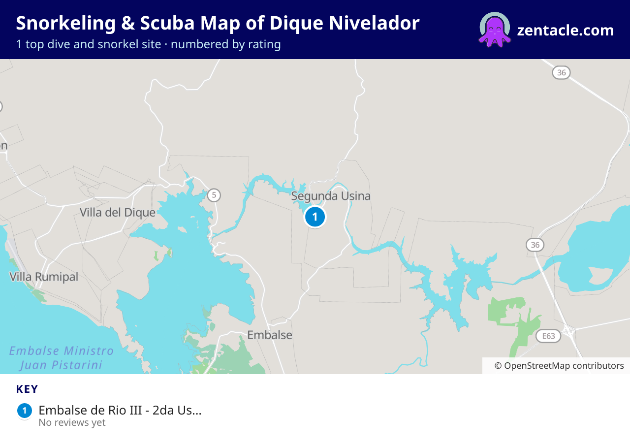 Snorkeling & Scuba Map of Dique Nivelador: numbered map of the top 1 dive and snorkel sites, with ratings