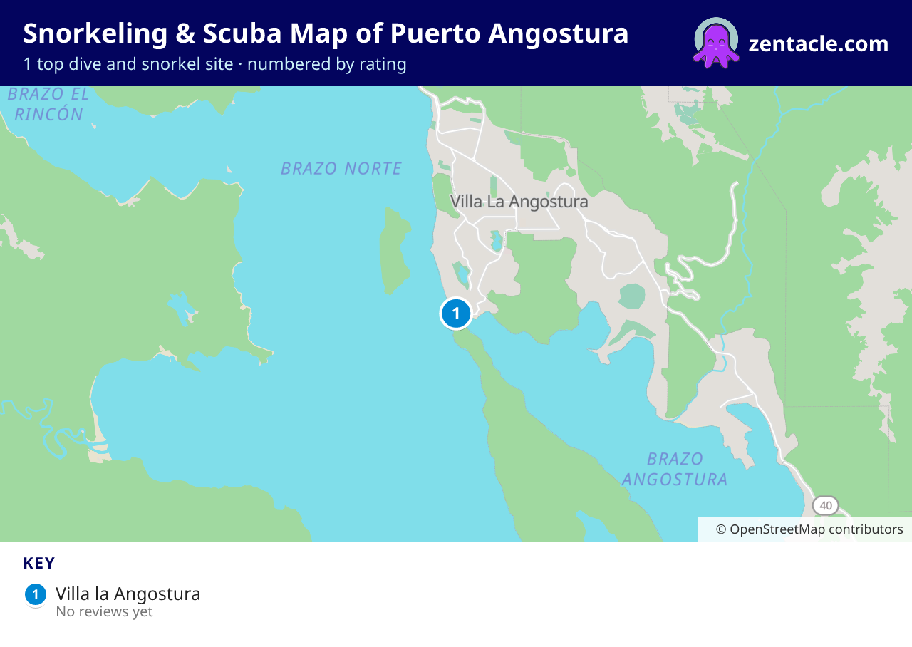 Snorkeling & Scuba Map of Puerto Angostura: numbered map of the top 1 dive and snorkel sites, with ratings