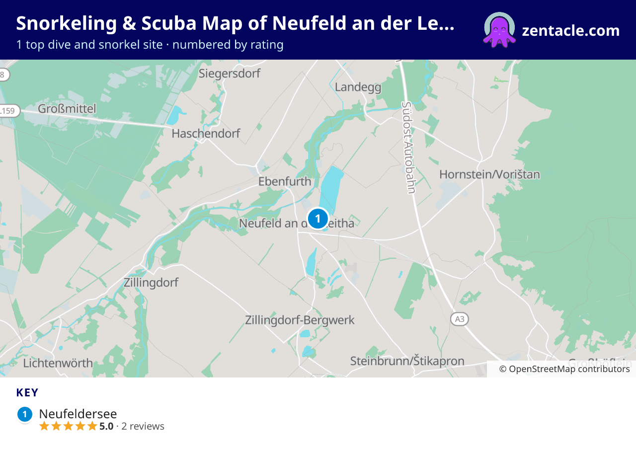 Snorkeling & Scuba Map of Neufeld an der Leitha: numbered map of the top 1 dive and snorkel sites, with ratings