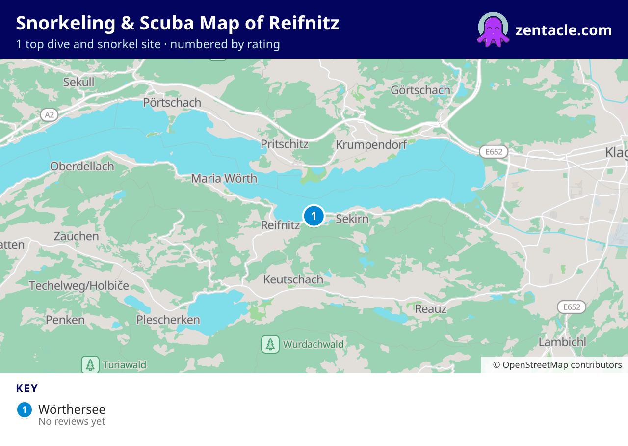Snorkeling & Scuba Map of Reifnitz: numbered map of the top 1 dive and snorkel sites, with ratings