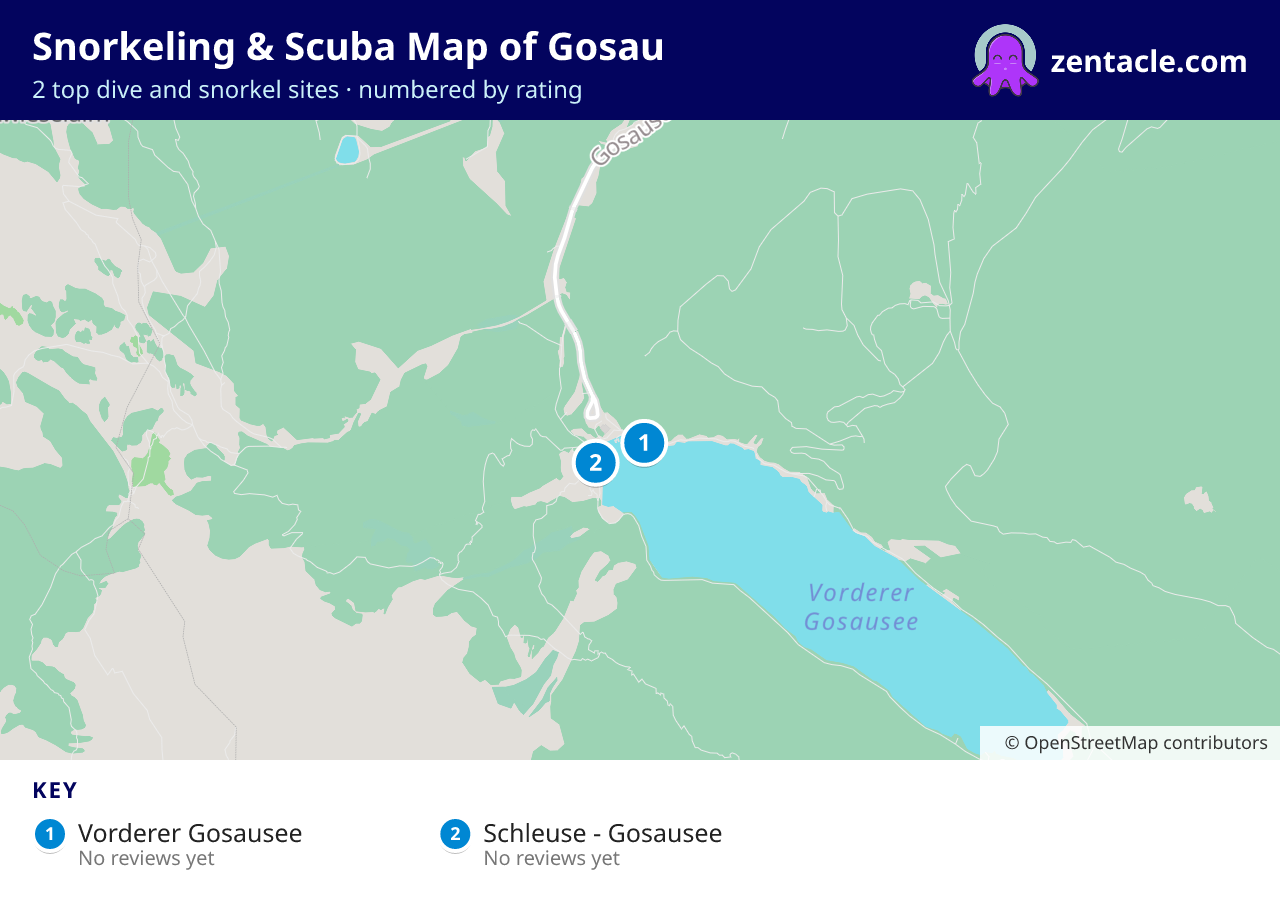 Snorkeling & Scuba Map of Gosau: numbered map of the top 2 dive and snorkel sites, with ratings